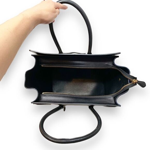 CELINE Tri-Color, Tan Calfskin Leather, Blue Suede, Black Trim Luggage Tote Bag - Picture 7 of 17